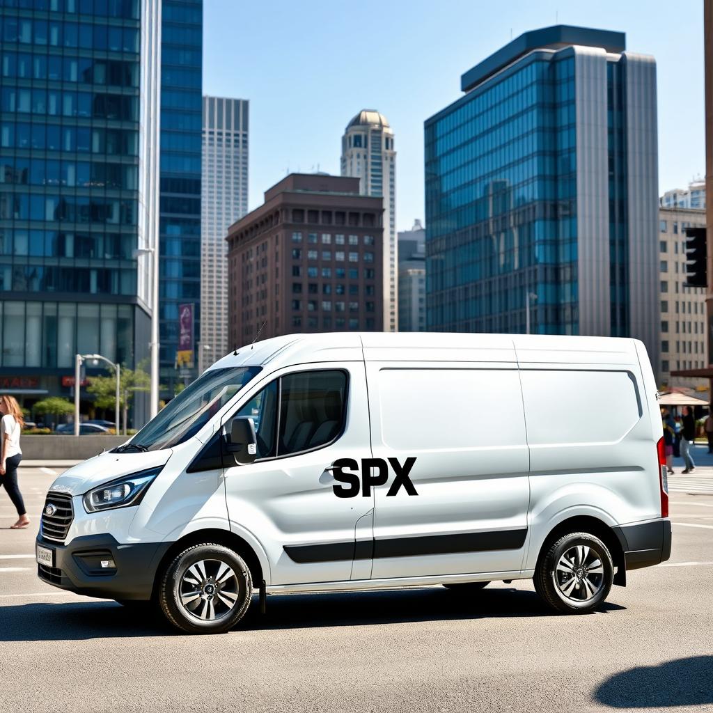 A white mini blind Grandmax van prominently displaying the SPX logo on its side
