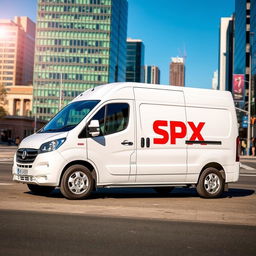 A white mini blind Grandmax van prominently displaying the SPX logo on its side