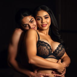 A 39-year-old Indonesian man with pure white skin warmly embraces a stunning 28-year-old woman from behind, affectionately kissing her cheek