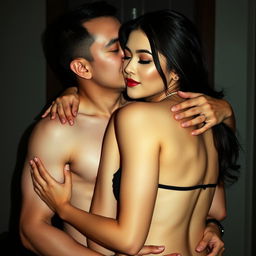 A 39-year-old Indonesian man with pure white skin warmly embraces a stunning 28-year-old woman from behind, affectionately kissing her cheek