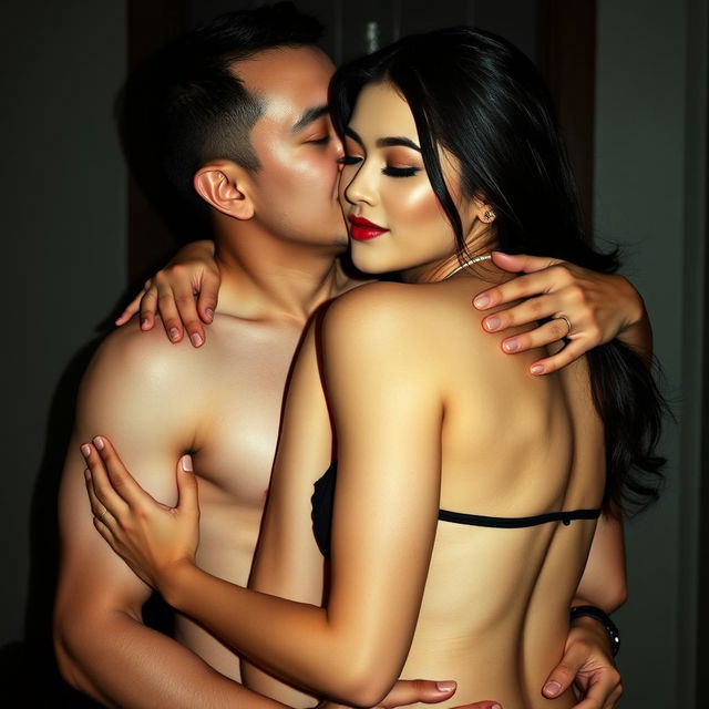 A 39-year-old Indonesian man with pure white skin warmly embraces a stunning 28-year-old woman from behind, affectionately kissing her cheek