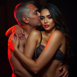 A 39-year-old Indonesian man with pure white skin warmly embraces a stunning 28-year-old woman from behind, affectionately kissing her cheek