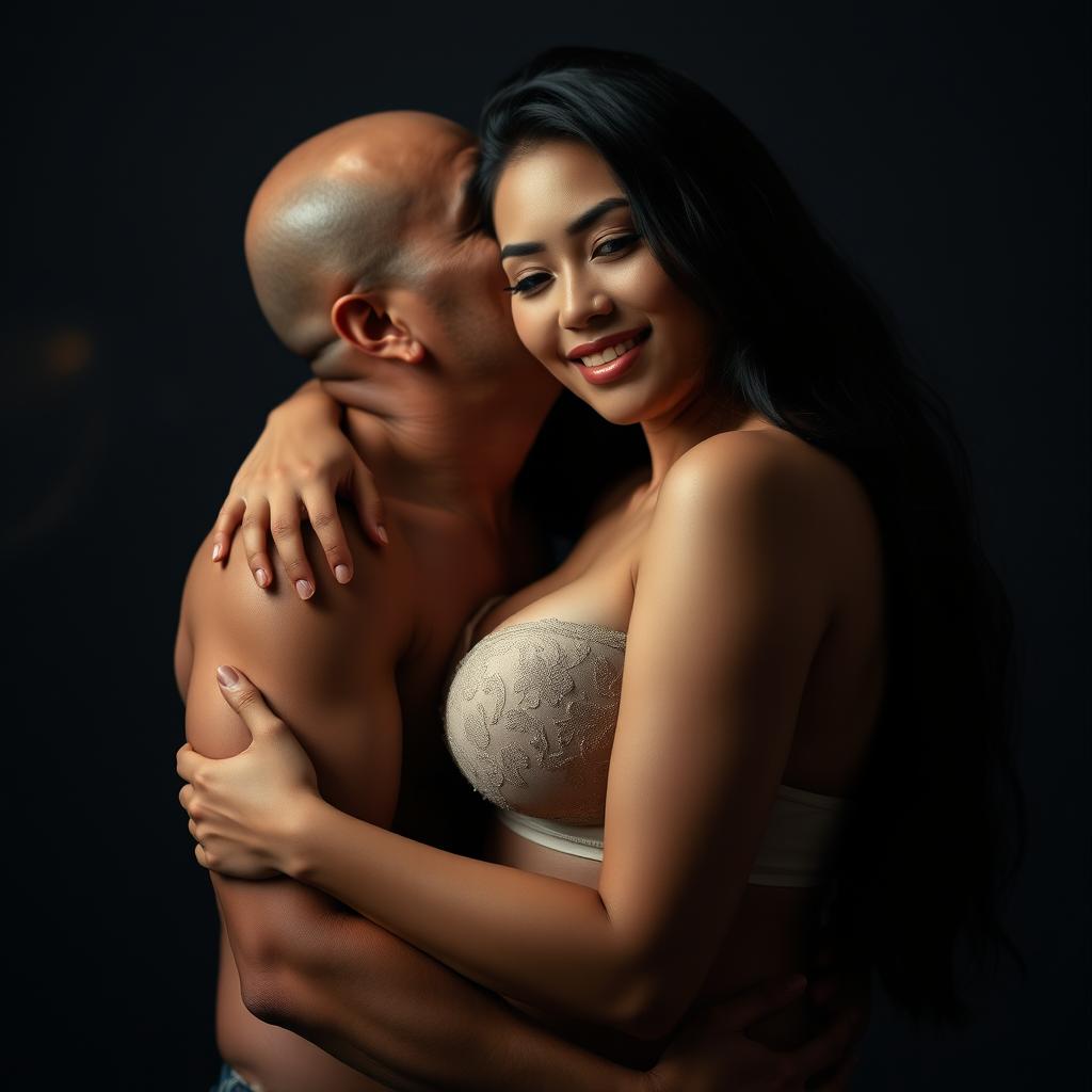 A 39-year-old Indonesian man with pure white skin affectionately hugs a beautiful 28-year-old woman from behind, kissing her cheek with warmth and tenderness