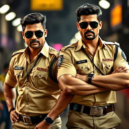 Two confident and strong men dressed in tan Indian police uniforms with badges on their chests, wearing dark sunglasses and black watches on their wrists
