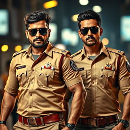 Two confident and strong men dressed in tan Indian police uniforms with badges on their chests, wearing dark sunglasses and black watches on their wrists