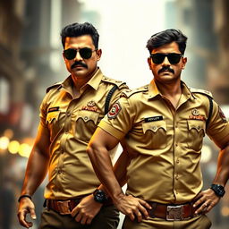 Two confident and strong men dressed in tan Indian police uniforms with badges on their chests, wearing dark sunglasses and black watches on their wrists