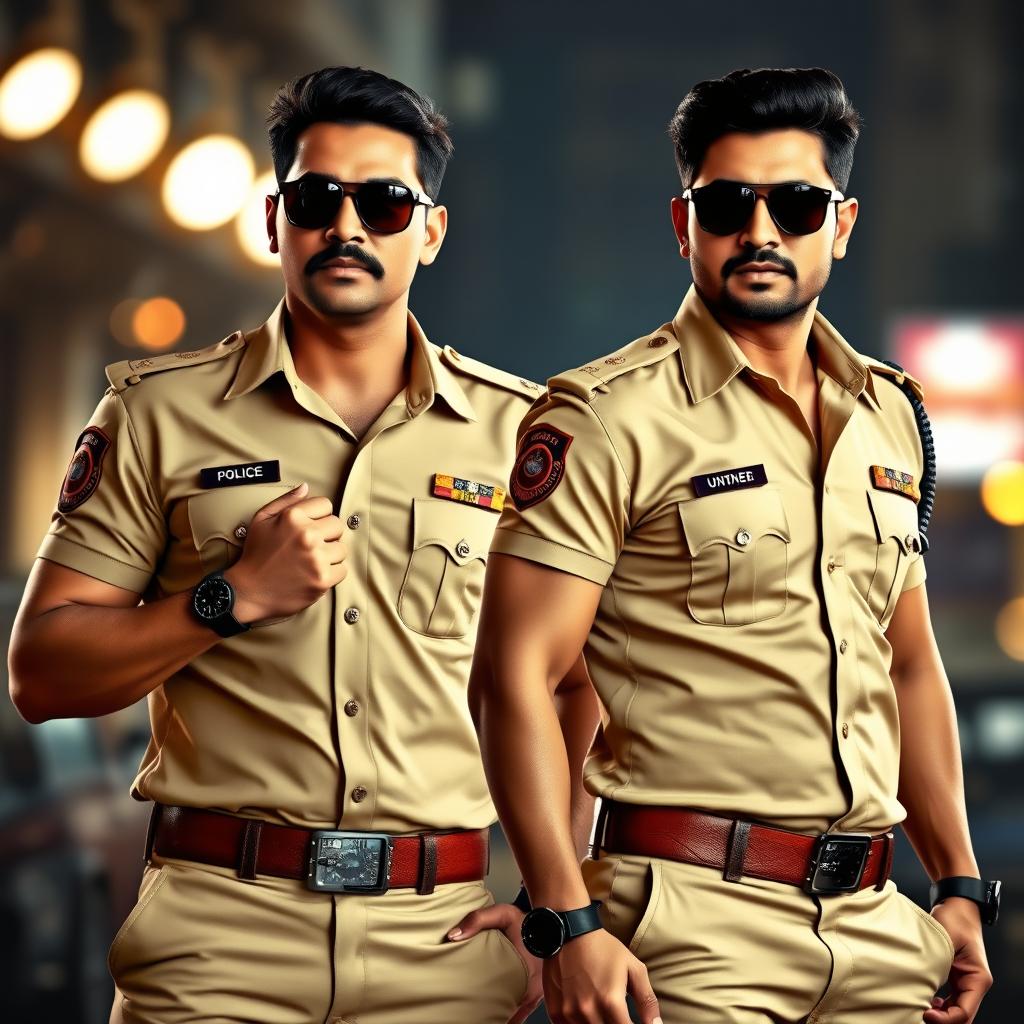 Two confident and strong men dressed in tan Indian police uniforms with badges on their chests, wearing dark sunglasses and black watches on their wrists