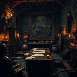 A medieval dark room filled with an impressive armory