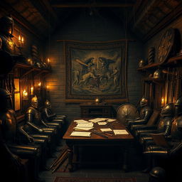 A medieval dark room filled with an impressive armory