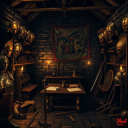 A medieval dark room filled with an impressive armory