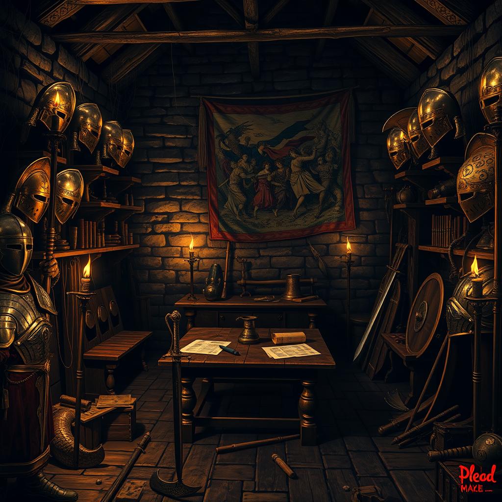 A medieval dark room filled with an impressive armory