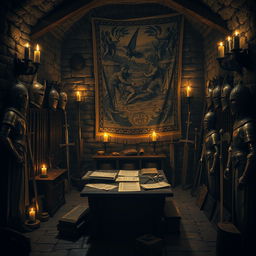 A medieval dark room filled with an impressive armory
