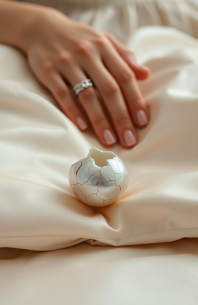 A close-up of a cracked pearl resting on a luxurious satin pillowcase, with a soft and dreamy atmosphere