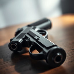 A detailed close-up of a sleek, modern handgun resting on a wooden table, showcasing its polished metal finish and intricate design
