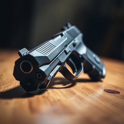 A detailed close-up of a sleek, modern handgun resting on a wooden table, showcasing its polished metal finish and intricate design
