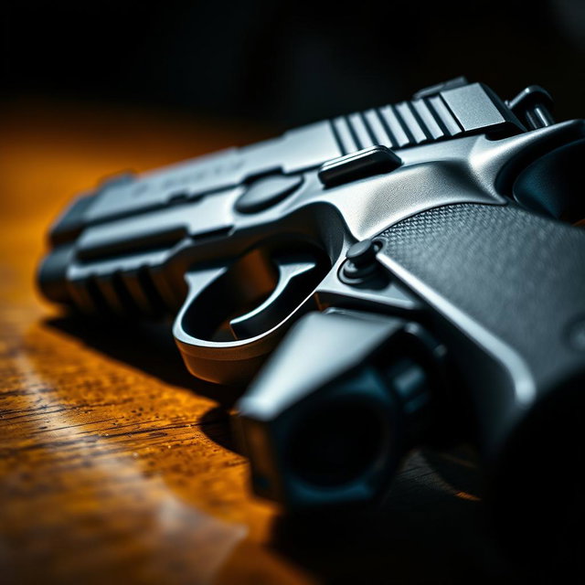 A detailed close-up of a sleek, modern handgun resting on a wooden table, showcasing its polished metal finish and intricate design