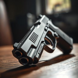 A detailed close-up of a sleek, modern handgun resting on a wooden table, showcasing its polished metal finish and intricate design