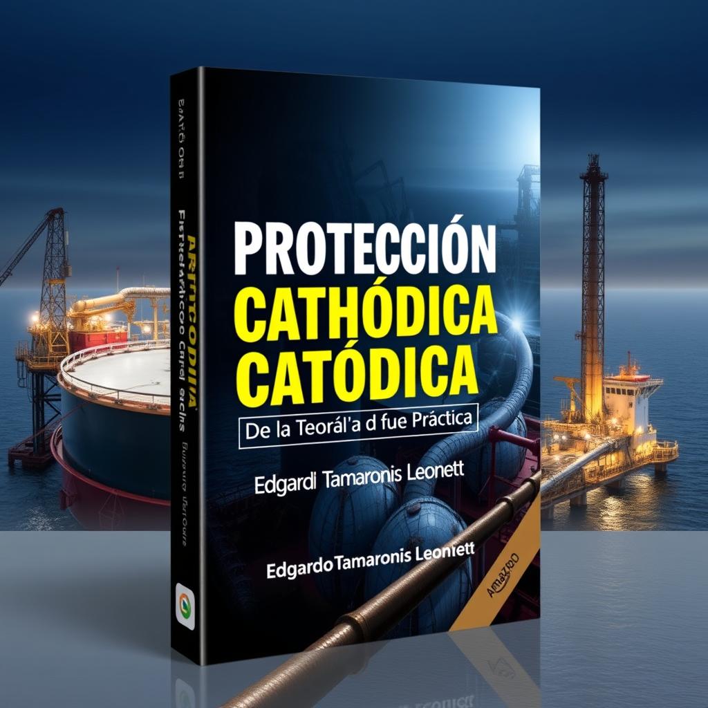 Design a book cover for the topic of Cathodic Protection, featuring the title 'Protección Catódica' and the subtitle 'De la Teoría a la Práctica'