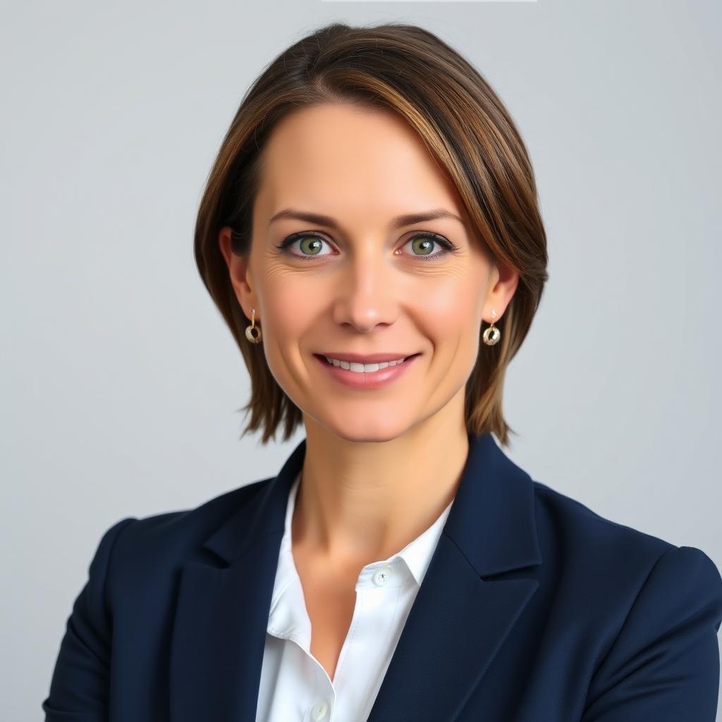 A professional ID photo featuring a confident adult woman with medium-length brown hair and green eyes