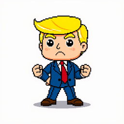 An 8-bit pixel art representation of a cartoonish Donald Trump character