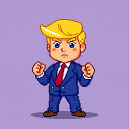 An 8-bit pixel art representation of a cartoonish Donald Trump character
