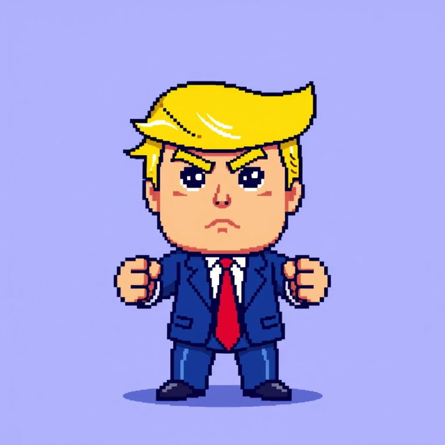 An 8-bit pixel art representation of a cartoonish Donald Trump character