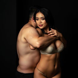 A 39-year-old Indonesian man with pure white skin tenderly hugs a beautiful 28-year-old woman from behind, kissing her cheek affectionately