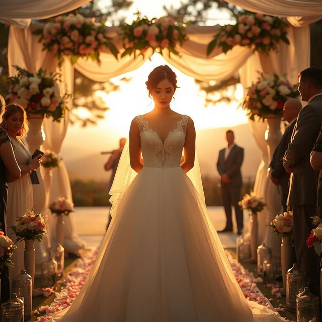 An emotional scene depicting a bride standing alone at an altar, surrounded by beautiful flowers and decorations