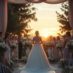An emotional scene depicting a bride standing alone at an altar, surrounded by beautiful flowers and decorations