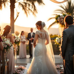 An emotional scene depicting a bride standing alone at an altar, surrounded by beautiful flowers and decorations