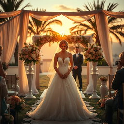 An emotional scene depicting a bride standing alone at an altar, surrounded by beautiful flowers and decorations