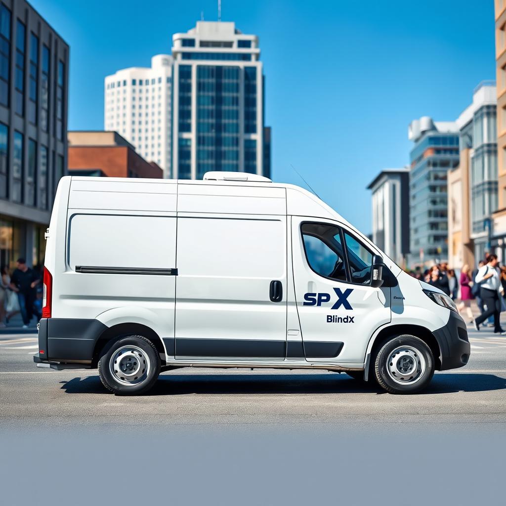 A white Grandmax blind van adorned with the SPX logo prominently featured on its side