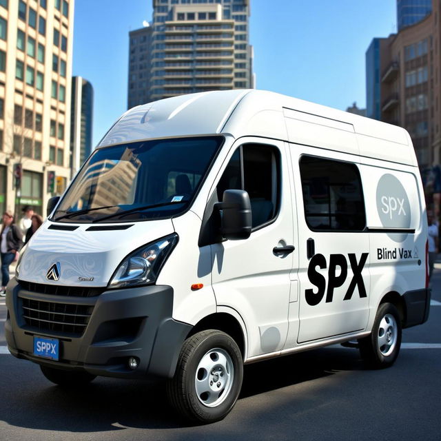 A white Grandmax blind van adorned with the SPX logo prominently featured on its side