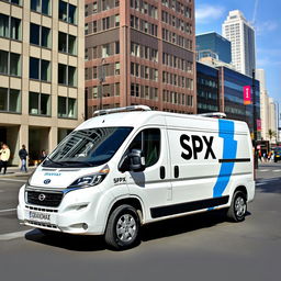 A white Grandmax blind van adorned with the SPX logo prominently featured on its side