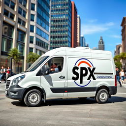 A white Grandmax blind van adorned with the SPX logo prominently featured on its side