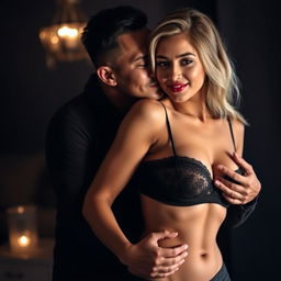 A 39-year-old Indonesian man with pure white skin warmly embraces a stunning 28-year-old woman from behind, kissing her cheek tenderly