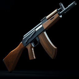 A highly realistic depiction of an AK-47 assault rifle, showcasing intricate details and craftsmanship