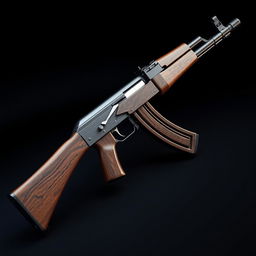 A highly realistic depiction of an AK-47 assault rifle, showcasing intricate details and craftsmanship