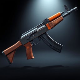 A highly realistic depiction of an AK-47 assault rifle, showcasing intricate details and craftsmanship