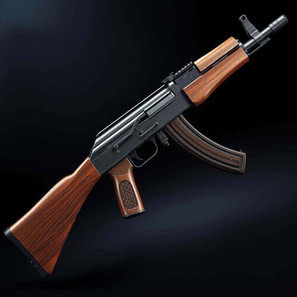 A highly realistic depiction of an AK-47 assault rifle, showcasing intricate details and craftsmanship