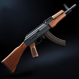 A highly realistic depiction of an AK-47 assault rifle, showcasing intricate details and craftsmanship