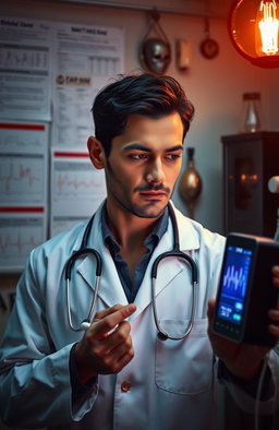 A visually captivating scene featuring a doctor in a modern medical setting, deeply engrossed in a mysterious case