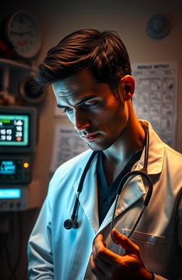A visually captivating scene featuring a doctor in a modern medical setting, deeply engrossed in a mysterious case