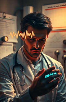 A visually captivating scene featuring a doctor in a modern medical setting, deeply engrossed in a mysterious case