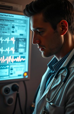 A visually captivating scene featuring a doctor in a modern medical setting, deeply engrossed in a mysterious case