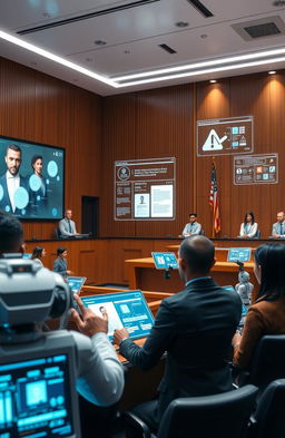 A futuristic courtroom setting where advanced artificial intelligence systems assist in legal proceedings