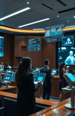 A futuristic courtroom setting where advanced artificial intelligence systems assist in legal proceedings