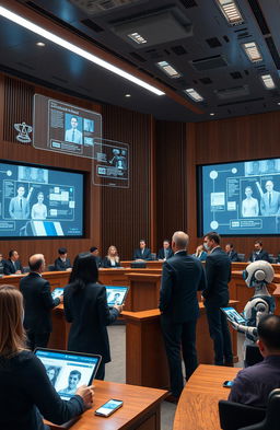 A futuristic courtroom setting where advanced artificial intelligence systems assist in legal proceedings