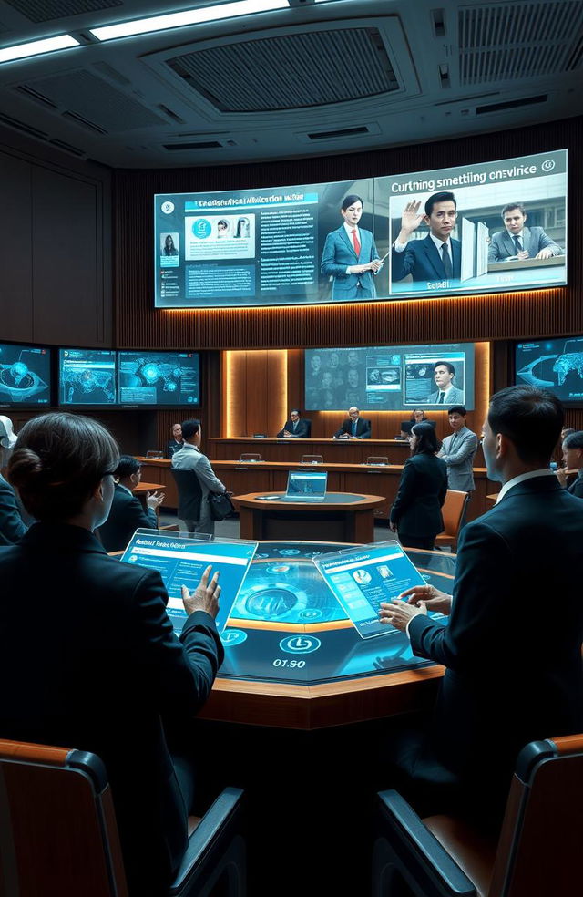 A futuristic courtroom setting where advanced artificial intelligence systems assist in legal proceedings
