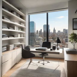 A well-lighted modern office space with a sleek desk, ergonomic chair, bookshelves filled with books, and a large window revealing a cityscape view.